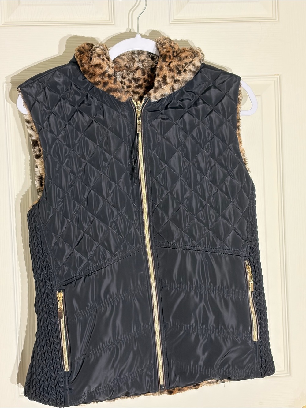 Ellie & Kate reversible Women 1X Quilted Black Leopard Vest jacket sleeveless